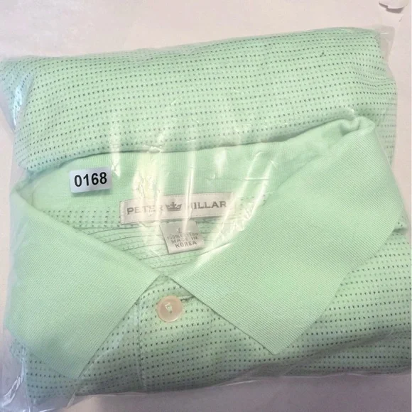 Men’s Peter Millar Golf Polo L Cotton Mint Green Striped Sea Island Logo - Picture 9 of 9